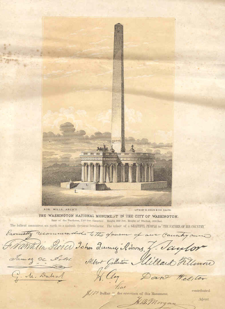 This flyer promoting the completion of the Washington Monument was signed by Endorsements for fundraising on the flyer are signed by Millard Fillmore, Franklin Pierce, and John Quincy Adams. Image part of the South Carolina Historical Society's collections.